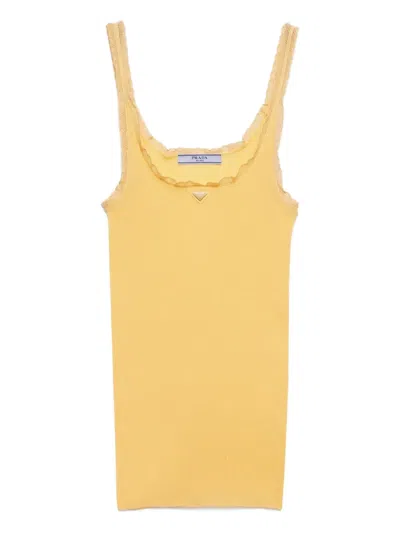 Prada Womens Yellow Logo-plaque Ribbed Cotton Tank Top