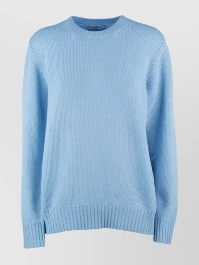 Prada Ribbed Crew Neck Knitwear With Soft Texture In Blue