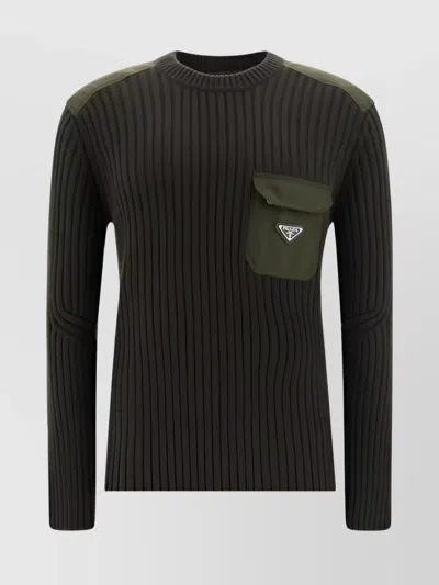 Prada Ribbed Crew Neck Sweater With Re-nylon Applique In Green