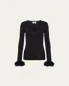 Prada Ribbed Feather-cuff Silk Cardigan In Nero