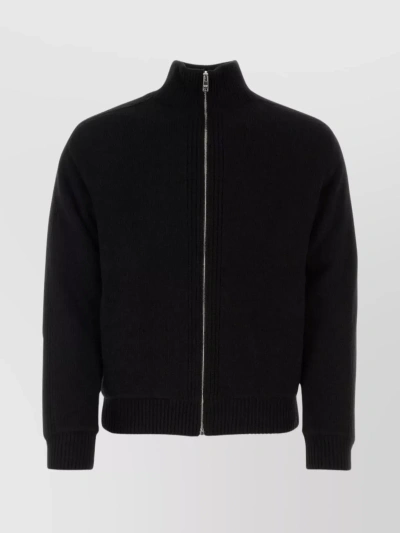 Prada Ribbed Funnel Neck Cardigan With Zip Pockets In Black