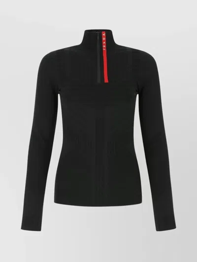 Prada Ribbed High Collar Slim Fit Top In Black
