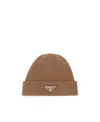 Prada Mens Brown Brand-plaque Cashmere And Wool-blend Beanie Hat In Brown