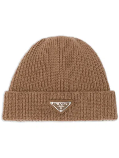 Prada Ribbed-knit Cashmere Beanie In Brown