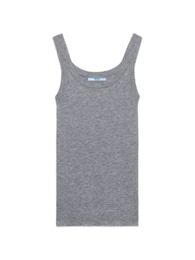 Prada Ribbed Knit Cashmere Tank Top In Gray