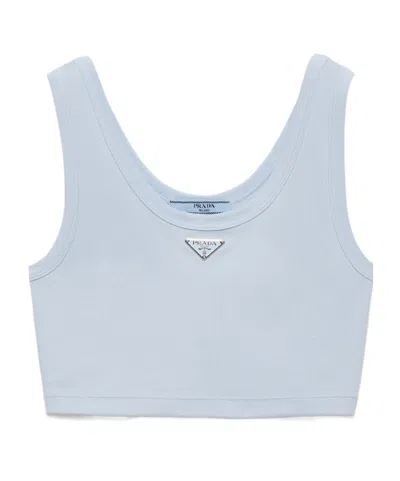 Prada Ribbed Knit Cotton Crop Top In Blue