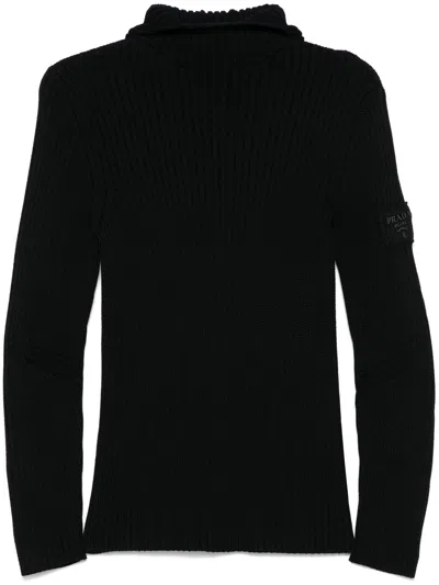 Prada Ribbed Knit Hoodie In Black