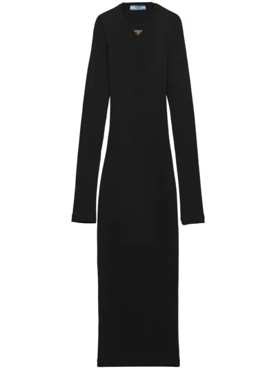 Prada Ribbed Knit Jersey Dress In Black