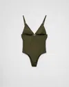 Prada Ribbed Knit One-piece Swimsuit In Camouflage Green