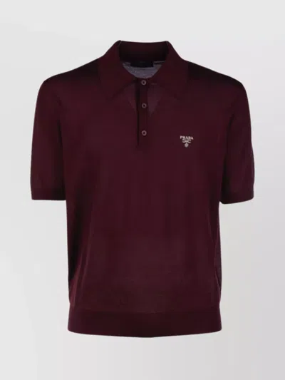 Prada Ribbed Knit Polo Shirt With Cuffs And Hem In Red