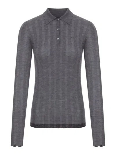 Prada Ribbed Knit Polo Shirt With Logo In Brown
