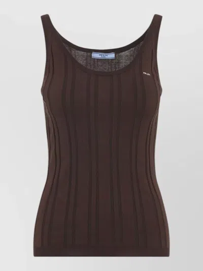 Prada Ribbed Knit Tank Top Scoop Neckline In Brown