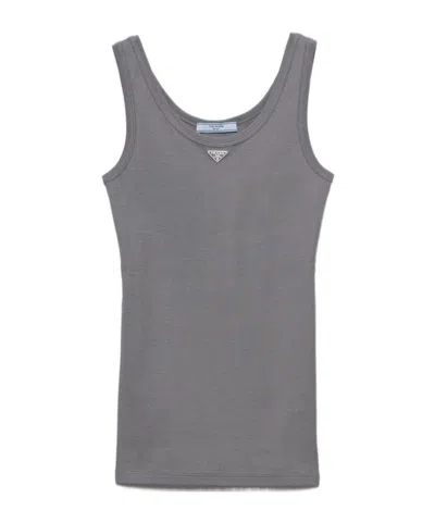 Prada Ribbed Knit Tank Top In Steel Gray