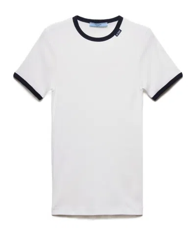 Prada Womens White Ribbed Cotton Knit Top