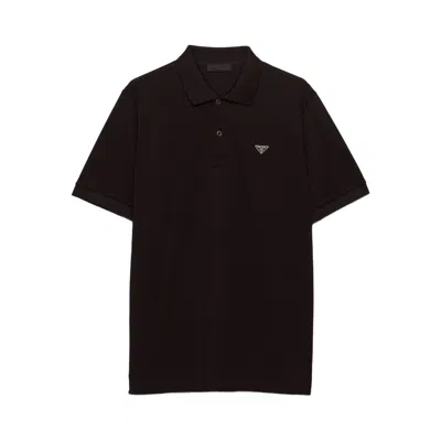 Prada Ribbed Knit Triangle Logo Polo Shirt In Black