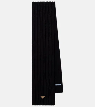 Prada Ribbed-knit Virgin Wool Scarf In Black
