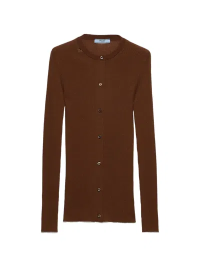 Prada Ribbed Knit Wool Cardigan In Brown