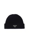Prada Wool Blend Beanie Hat With Ribbed Knit In Black
