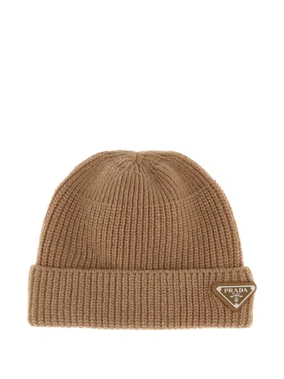 Prada Ribbed Logo-plaque Beanie Hat In Brown