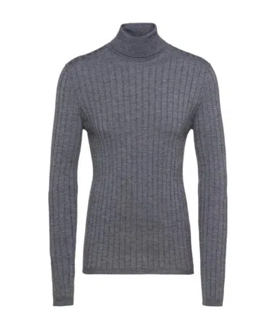 Prada Ribbed Roll Neck Cashmere Jumper In Gray
