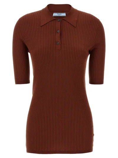 Prada Ribbed Shirt Polo Brown
