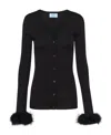 Prada Ribbed Feather-cuff Silk Cardigan In Black