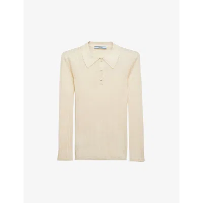 Prada Womens Yellow Ribbed Slim-fit Cashmere And Silk-blend Polo Jumper In Yellow