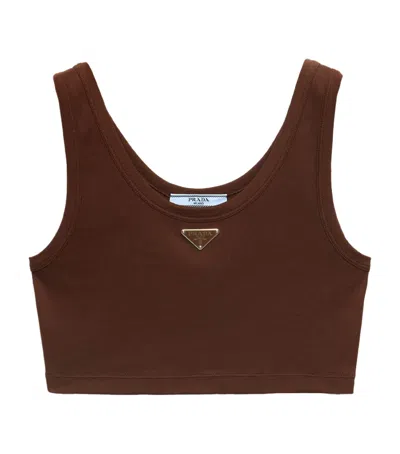 Prada Womens Brown Logo-plaque Cropped Slim-fit Cotton Tank Top