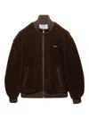 Prada Pile Bomber Jacket High Collar Ribbed Cuffs In Brown