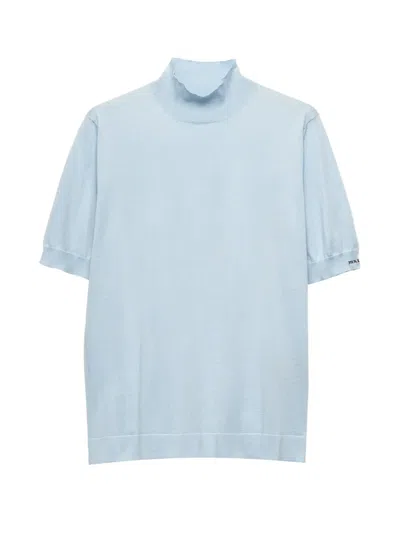 Prada Ribbed Turtleneck T-shirt In Blue