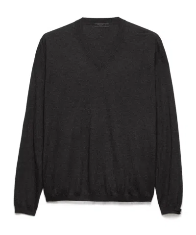 Prada Ribbed V-neck Sweater In Black
