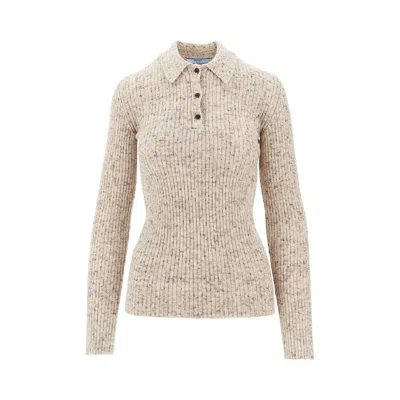 Prada Ribbed Wool And Linen Polo Shirt In Neutral