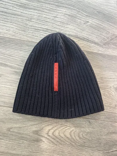Pre-owned Prada Ribbed Wool Beanie With Red Tab Logo In Blue