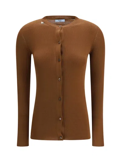Prada Ribbed Wool Cardigan In Brown