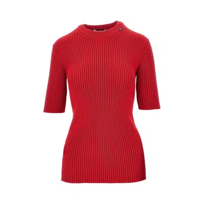 Prada Ribbed Wool Short-sleeved Sweater In Red