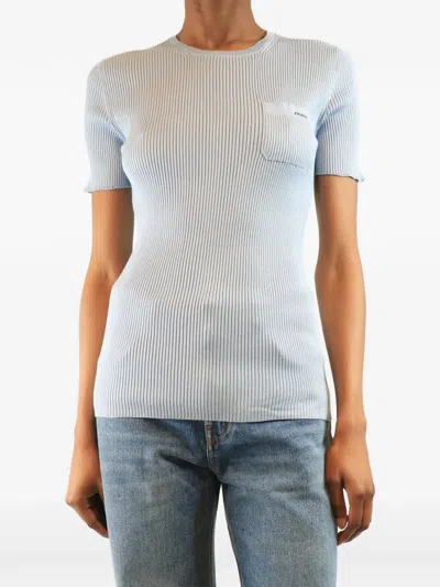 Pre-owned Prada Ribbed-knit Chest-pocket Top In Blue