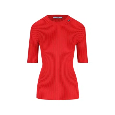 Prada Crew Neck Ribbed Texture Short Sleeve Top In Red