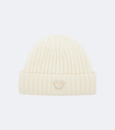 Prada Ribbed-knit Virgin Wool Beanie In Beige