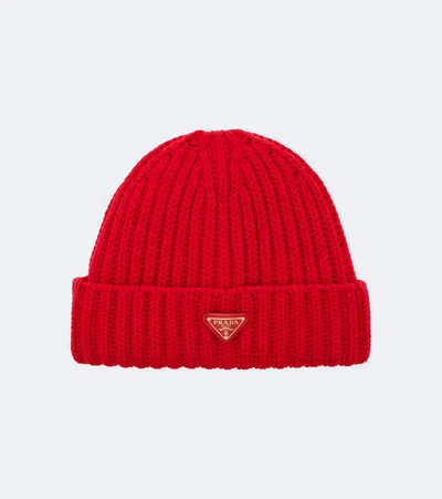 Prada Ribbed-knit Virgin Wool Beanie In Red