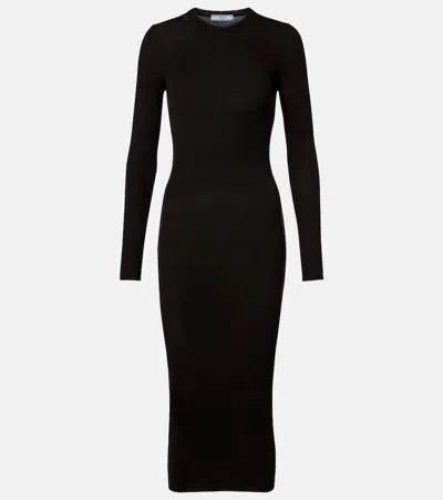Prada Ribbed-knit Virgin Wool Midi Dress In Black
