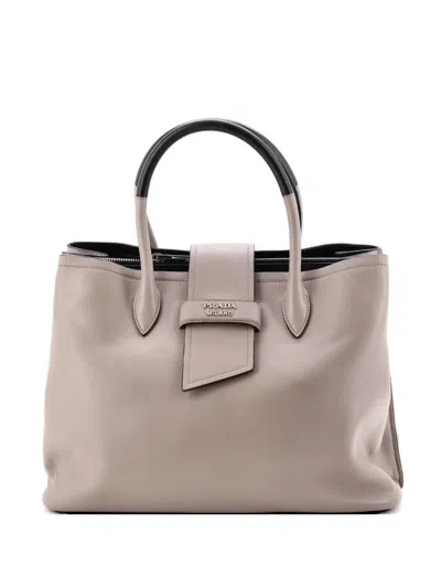 Pre-owned Prada Ribbon City Calfskin Medium Tote Bag In Neutral