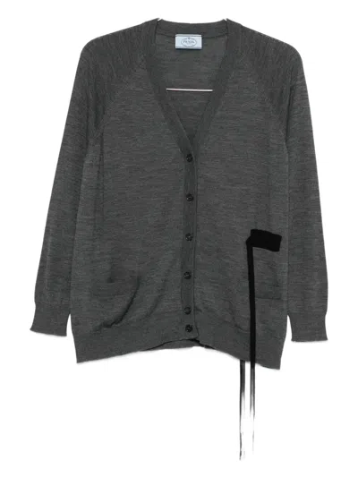 Prada Ribbon-detail Cardigan In Gray