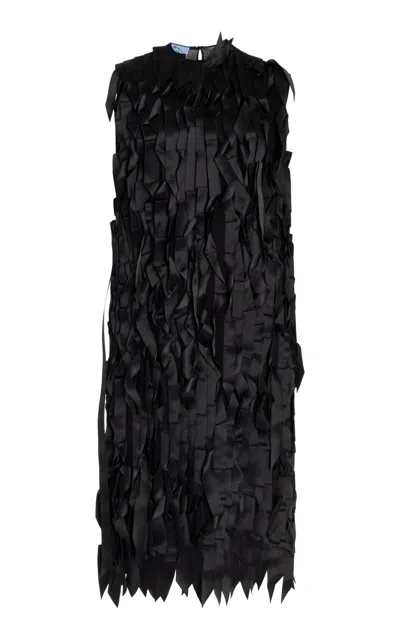 Prada Ribbon-embroidered Sablé Midi Dress In Black
