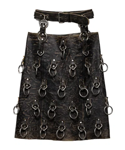 Prada Leather Miniskirt With Metal Rings In Black