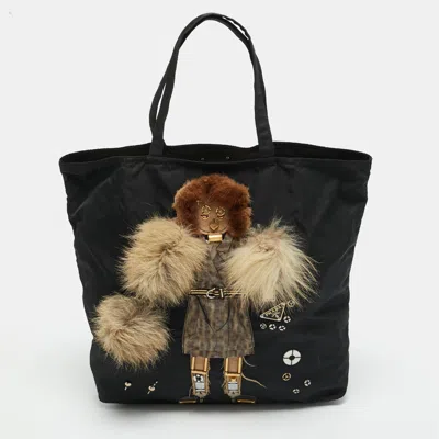 Pre-owned Prada Robot Black Nylon And Fur Shopper Tote