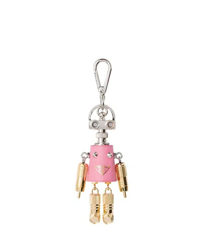 Prada Robot Saffiano Leather Key Ring Charm In Metallic