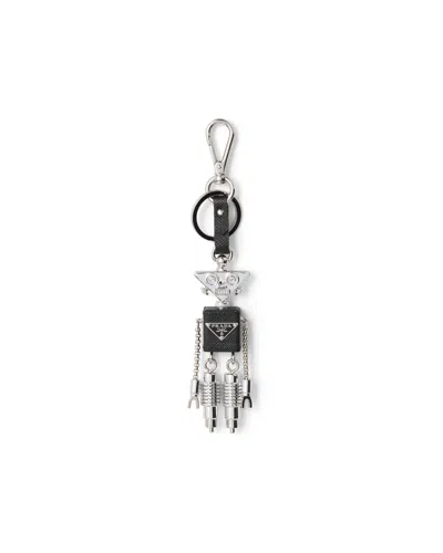 Prada Womens Gold/silver Robot Saffiano Leather Keychain Charm In Metallic