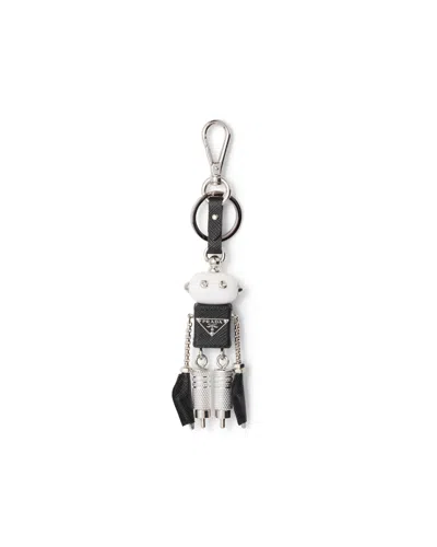 Prada Robot Saffiano Leather Keychain Charm In Black