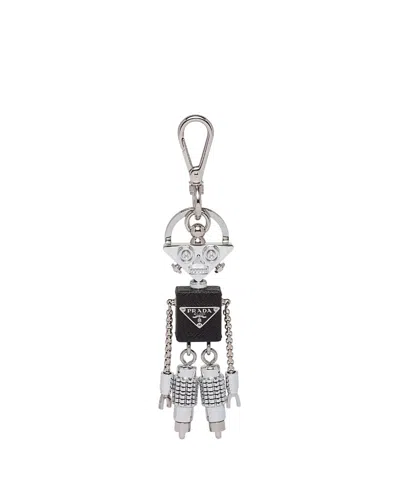 Prada Robot Saffiano Leather Keychain Charm In Silver