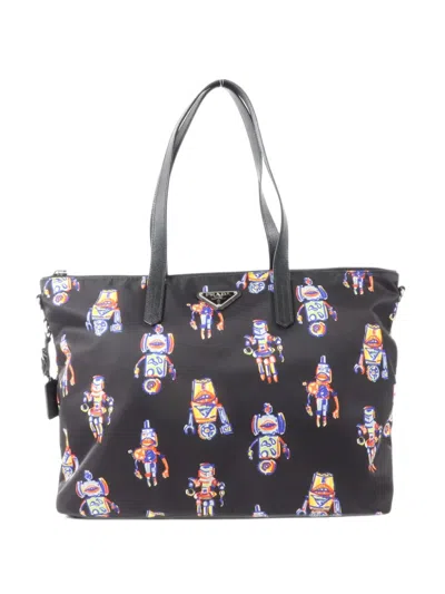 Pre-owned Prada Robot-print Tote Bag In Black